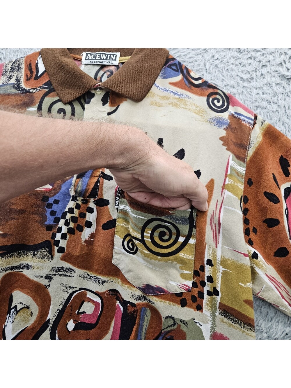 Vintage 70s ACEWIN Polo Shirt Rayon Men Large Art Abstract All Over Print - Picture 4 of 11